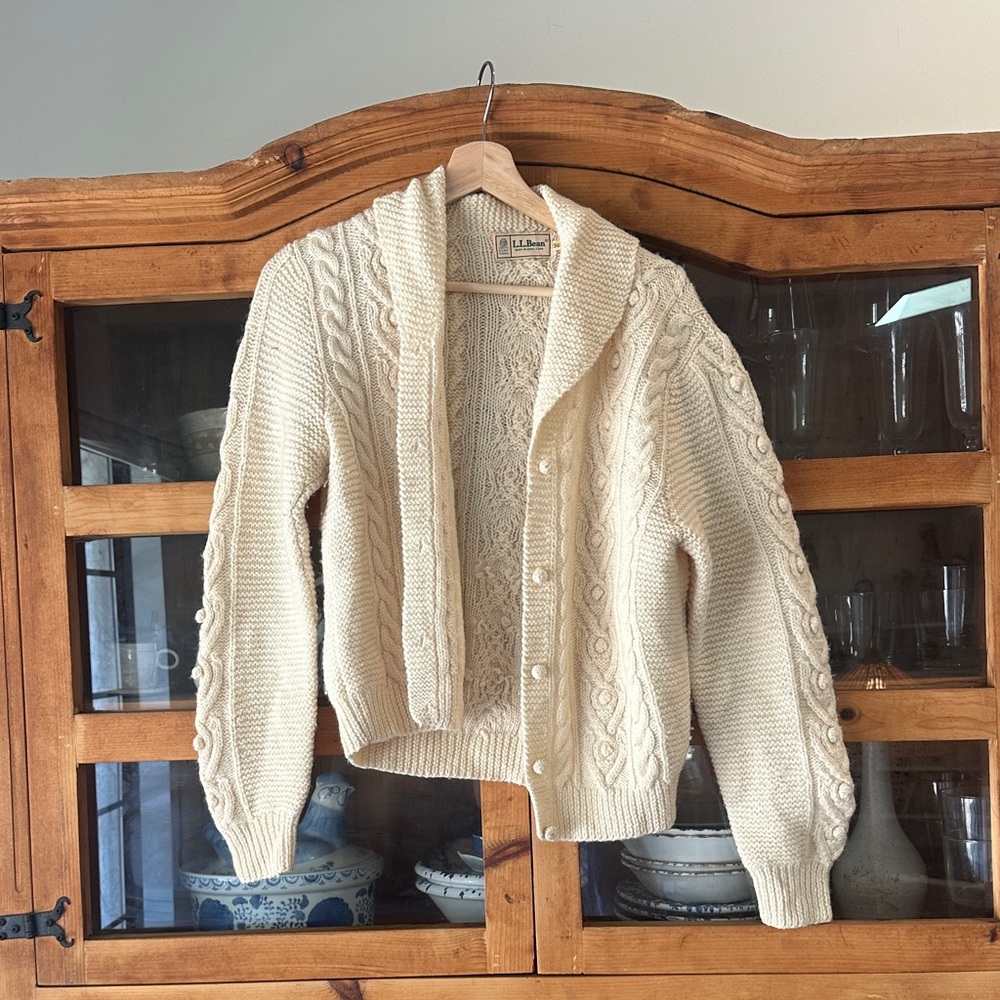 L.L. Bean Ivory Cable Knit Shawl-Collar Cardigan
